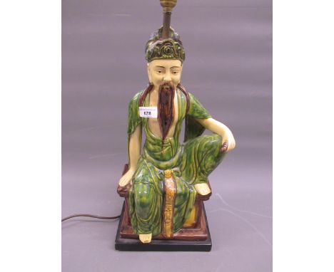 20th Century Italian glazed terracotta lamp base in the form of a seated oriental gentleman, 19ins high 