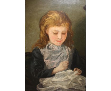 Richard L. Aldridge, oil on canvas, portrait of a seated girl sewing, signed and dated 1878, 30ins x 25ins approximately, gil