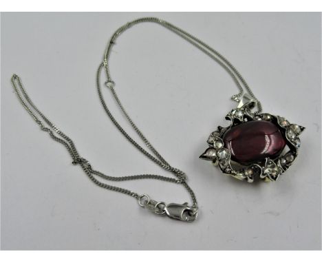 Georgian white and yellow metal rose cut diamond and garnet brooch adapted for use as a pendant, 32mm wide, the garnet approx