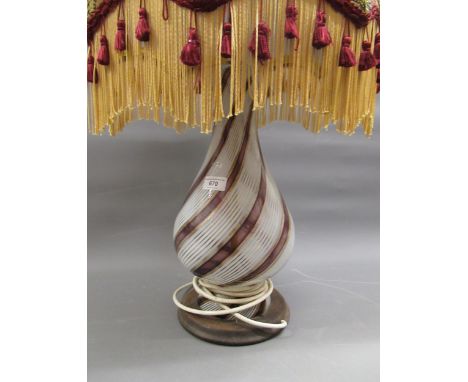 Modern glass table lamp with white, mauve and gold wrythen decoration, on a clear glass with shade, 28ins high 