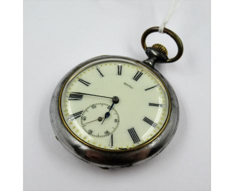 Gun metal cased open face pocket watch, the enamel dial with Roman numerals and subsidiary seconds, signed Racine, stamped to