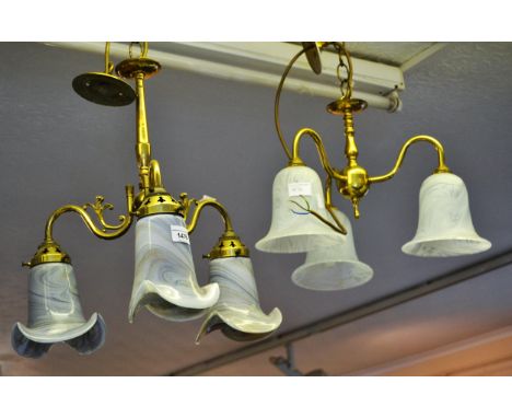 Christopher Wray three branch hanging chandelier, together with a matching pair of two branch wall lights and another matchin