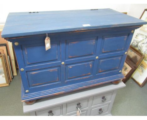 Blue painted hardwood trunk with hinged cover, and panelled front and sides on low bun supports 