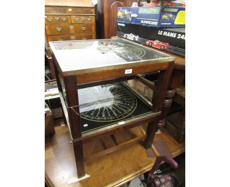 Pair of late 20th Century mahogany black line inlaid coffee tables with compass inset glass and brass tops 