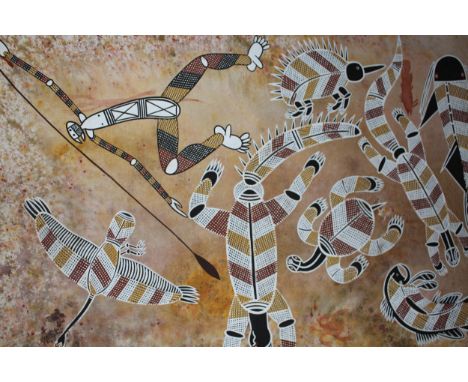 20th Century Aboriginal school oil on canvas, signed Jungala, 35ins x 24.5ins, together with another similar, smaller and ano