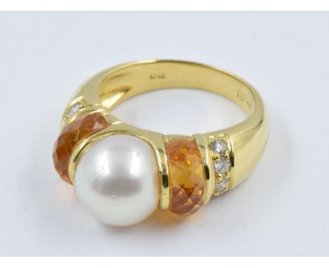Modern 18ct gold cultured pearl, citrine and diamond set dress ring, 8.5g, size 'L' 