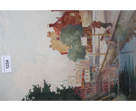 Frank R. Dickinson, watercolour, street scene with figures by a canal, signed and dated 1912, 15ins x 12ins approximately, gi