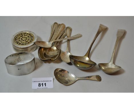 Two Georgian silver ladles, silver caddy spoon (at fault), napkin ring, a presentation trinket box and a set of eleven silver