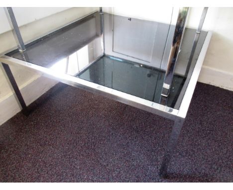 Merrow Associates style chrome based square coffee table with black glass insert (at fault) 