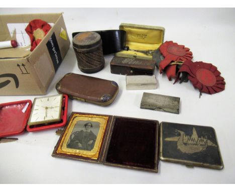 French leather spectacle case with champleve enamel decoration, a 19th Century leather cased photograph, together with a quan