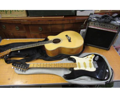 Vintage Hondo Deluxe Series 760 electric guitar  SKAK 20RA guitar amplifier and an acoustic guitar by Gear4Music with cut-awa