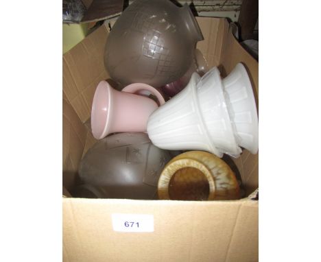 Box containing a quantity of various floral etched opaque and clear cut glass lamp shades 