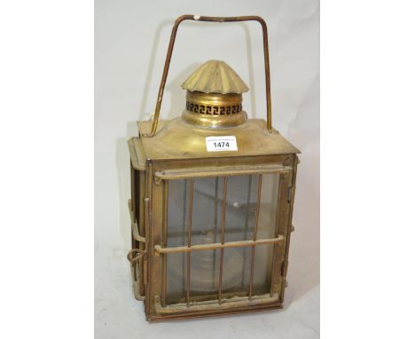 Brass lantern form light fitting (adapted), together with three wall mounting oil lamp style wall lights with glass shades 