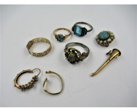 14ct Yellow gold ring set turquoise and seed pearl (at fault), a 19th Century oval turquoise and pearl set brooch (at fault) 