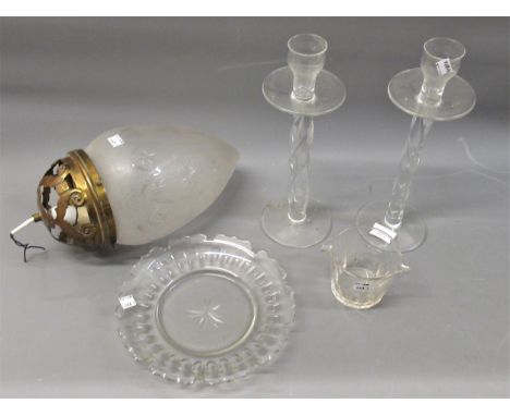 Pair of tall glass candlesticks, 13ins high together with a brass mounted glass lantern form light fitting, glass dish and ri
