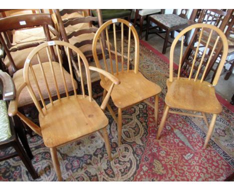Ercol stickback elbow chair, together with a pair of similar side chairs 