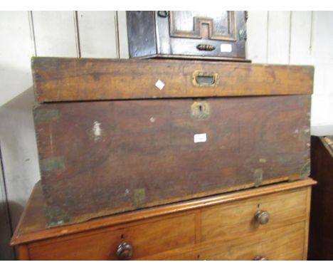 19th Century brass mounted rectangular camphor wood trunk with brass side handles (for restoration), 35.5ins x 18ins x 16ins 