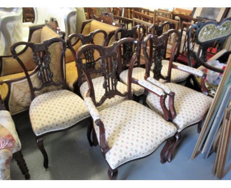 Set of six (four plus two) Edwardian carved mahogany drawing room chairs with pierced splat backs, overstuffed seats and cabr