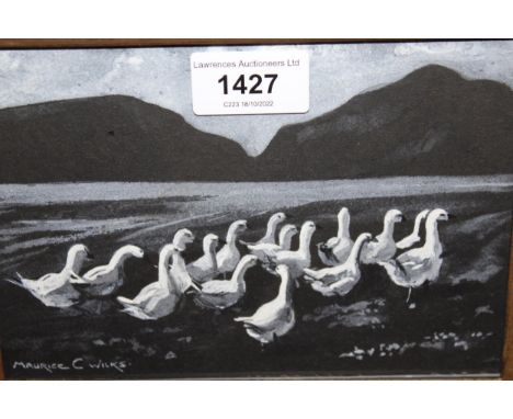 Gouache sketch, geese by a mountain lake, signed Maurice C. Wilks, 5ins x 7ins 