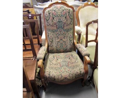 19th Century Continental walnut open arm drawing room chair with tapestry style upholstery, together with a Victorian carved 