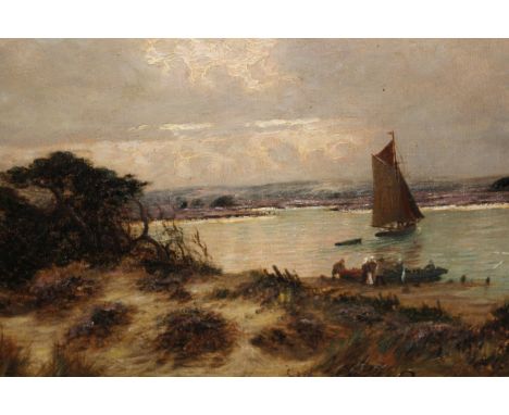 Sidney Pike, oil on canvas, the entrance to Poole Harbour with figures and a sailing boat beyond sand dunes, signed, 10ins x 