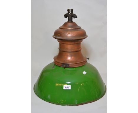 Large copper and green metal industrial type hanging gas lantern 