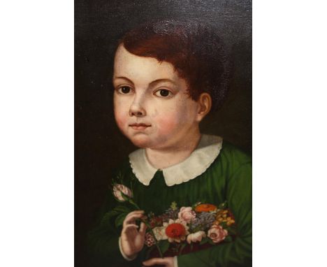 19th Century German school, oil on metal, portrait of a child holding a bouquet of flowers, 15.5ins x 12ins approximately, gi