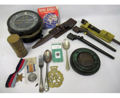 Box containing a quantity of assorted military items, including four bayonets, mounted death plaque, compass etc. 