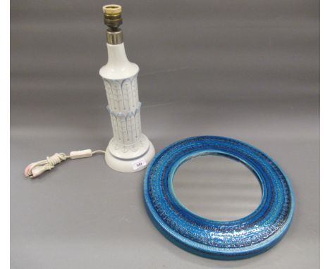 Lladro table lamp, 16ins high overall together with a modern Italian pottery blue glazed wall mirror, 14.25ins diameter 