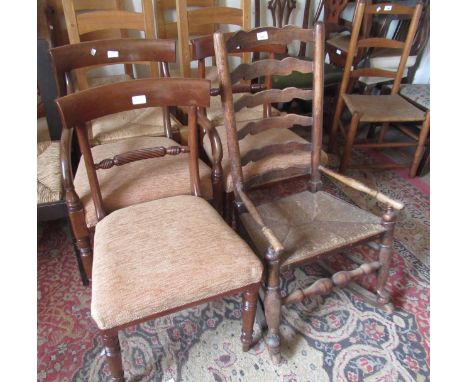 Lancashire style ladderback elbow chair, together with three 19th Century dining chairs, a reproduction mahogany two drawer c