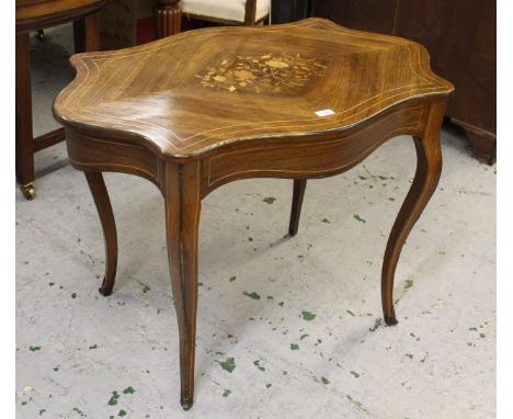 19th Century French rosewood line and marquetry inlaid centre table, the shaped top above a shaped frieze and cabriole suppor