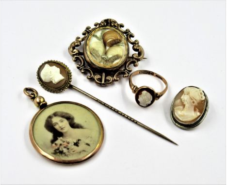 Victorian mourning brooch, cameo brooch, cameo pin, cameo ring and a 9ct gold portrait locket 