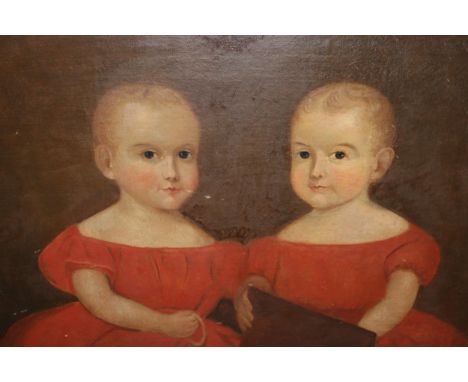19th Century English primitive school, oil on canvas, double portrait of two children wearing red dresses, unsigned, 25ins x 