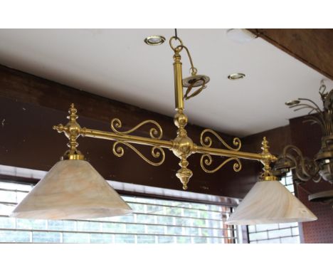 Christopher Wray 1970's brass twin branch ceiling light, with glass and grey opaque shades, 40ins wide x 23ins high 