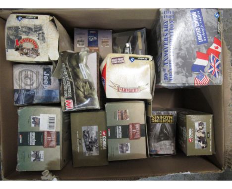 Box containing twelve Corgi and Solido diecast metal military vehicles 