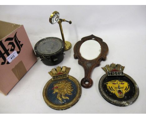 Two painted cast metal ships plaques, ' Tiger ' and ' Fearless ', together with a ships compass, a gilt brass table microscop