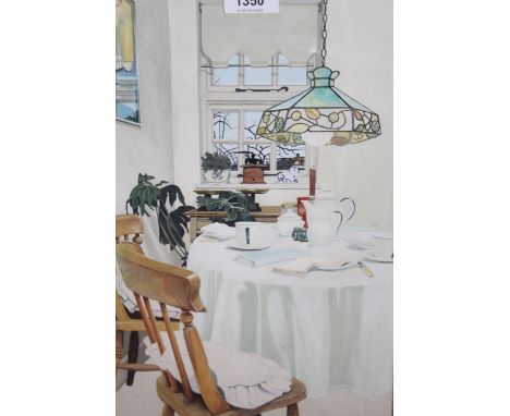 Modern watercolour, interior scene with a leaded glass light fitting and breakfast table, indistinctly signed, 14.5ins x 8.5i