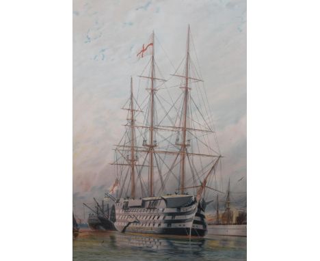 Gilt framed colour print, HMS Victory, another, the Battle of Trafalgar and two other Naval related prints 