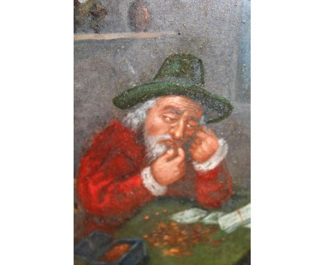 Early 19th Century oil on metal panel, portrait of a miser counting his money, 6.5ins x 4.5ins 
