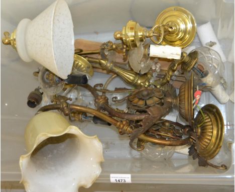 Two early 20th Century brass single arm wall lights of foliate design, (one lacking shade), three two branch wall lights and 
