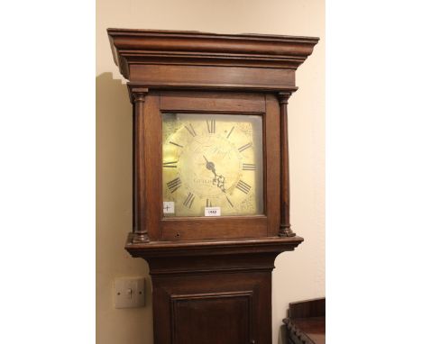 George III oak longcase clock, the square hood with flanking pilasters above a rectangular door on conforming plinth, the 10i