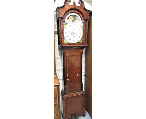 19th Century mahogany crossbanded and inlaid longcase clock, the broken arch hood with a swan neck pediment and flanking reed