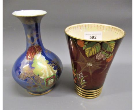 Carlton Ware blue lustre vase, decorated in oriental style and another Carlton Ware Rouge Royale lustre beaker, the enamel de