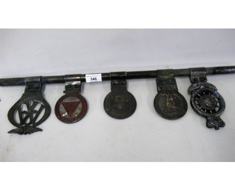 Early Automobile car badge bar with five various badges, including RAC and AA 