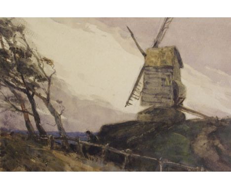 William Tatton Winter, watercolour of figure before a windmill in a landscape, signed with initials and inscribed ' London Sk