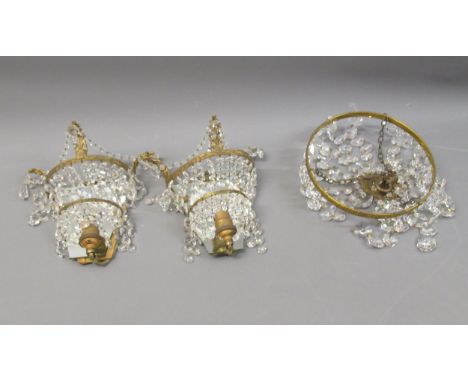 Glass and gilt metal light fitting, together with two glass and gilt metal mirror backed wall light fittings 