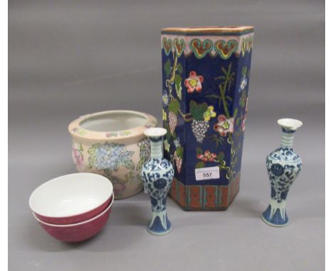 Chinese enamel decorated terracotta hexagonal vase, 11.25ins high together with a pair of miniature blue and white baluster f