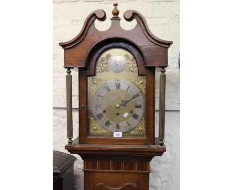 19th Century oak longcase clock having brass dial with silvered chapter ring and Roman numerals, the three train weight drive