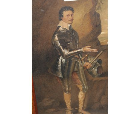 Caroline Lucy Scott, watercolour, portrait of Thomas Wentworth, 1st Earl of Strafford, standing wearing armour, signed, 13.25