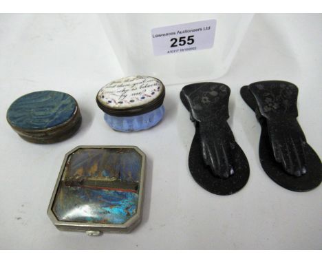 18th Century English oval enamel patch box, the hinged cover inscribed with a motto, together with two other small boxes and 